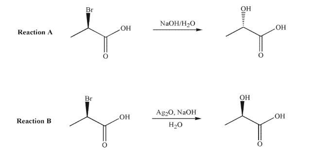 Consider these two similar reactions and their stereochemical outcomes.   Which of the following statements is true? A) Reaction A is likely to involve neighboring group participation. B) Reaction B is likely to involve neighboring group participation. C) Both reactions are equally likely to involve neighboring group participation. D) Neither reaction likely involves neighboring group participation. E) Not enough information is provided to assess these two reactions.