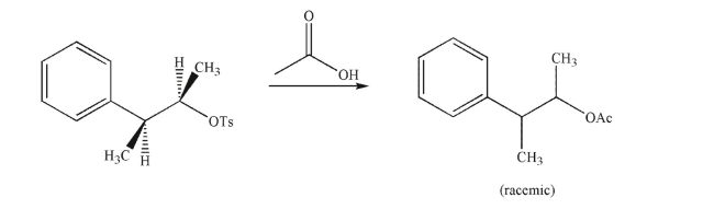 Why does the following reaction result in a racemic mixture of products?   A) The acetic acid reagent is achiral. B) Once the tosylate ionizes, it leaves a planar carbocation that can be attacked with equal likelihood at either side. C) The key intermediate is achiral. D) Both the enantiomeric products are equal in energy. E) Neighboring group participation diminishes the selectivity of the reaction.