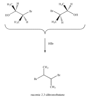 When the enantiomeric bromohydrins shown are treated with HBr, racemic 2,3-dibromobutane is the result but not meso-2,3-dibromobutane.Explain these results.  