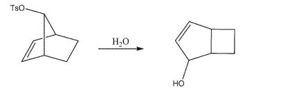 The syn-tosylate of 7-hydroxynorbornene undergoes hydrolysis 104 times faster than the tosylate of 7-hydroxynorbornane, but produces the rearranged product shown.Draw the mechanism of the hydrolysis reaction.  