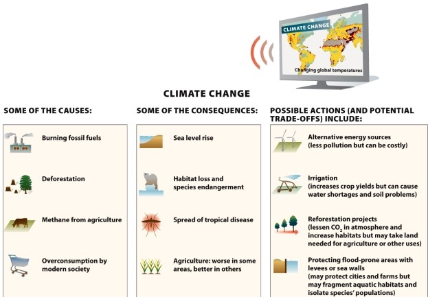  Infographic 1.3.   -Refer to Infographic 1.3. The Green Revolution brought modern industrialized agricultural techniques to developing countries so they could better feed their growing populations. The idea is to achieve higher yields by taking advantage of better seed types, irrigation, chemical fertilizers, and pesticides. By doing this, less land, such as rainforest, would need to be converted to agriculture. Use the Infographic to describe the pros and cons of the Green Revolution on the environment, thus illustrating why climate change is a wicked problem.