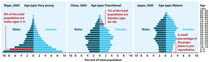 Infographic 4.3. Refer to Infographic 4.3. Looking at these three age structure diagrams, explain which country will be experiencing rapid population growth during the next two decades.