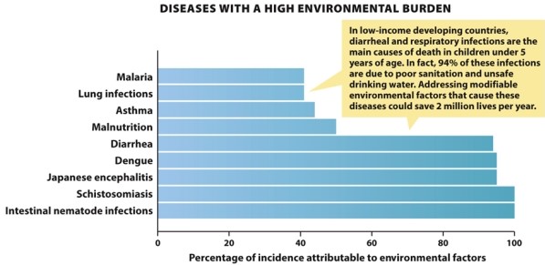  Infographic 5.3.   -Refer to Infographic 5.3. Which disease is completely due to environmental factors? A)  asthma B)  dengue Fever C)  malaria D)  diarrhea E)  intestinal nematode infections