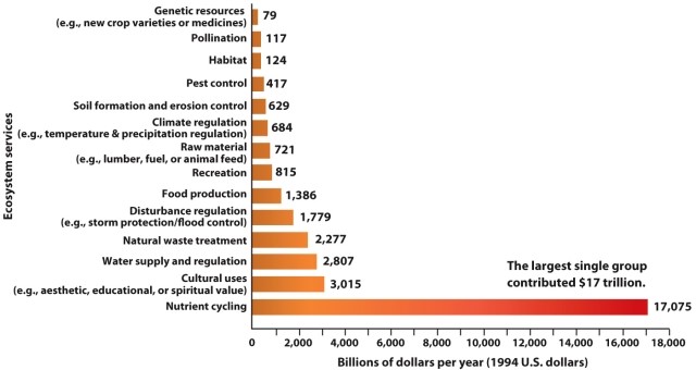  Infographic 6.1.   -Refer to Infographic 6.1. Which ecosystem service is considered to be the most valuable to us? A)  water supply B)  cultural uses C)  nutrient cycling D)  food production E)  waste treatment