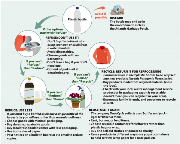 Infographic 7.8.   -Refer to Infographic 7.8. What options do consumers have for disposing of their waste, and which options are the most environmentally friendly? Refer to the infographic to support your answer.