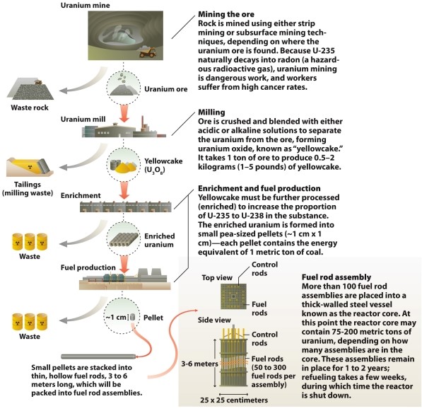 Infographic 22.3.   Refer to Infographic 22.3. The process of generating nuclear energy produces hazardous waste at every step. Speculate on the hazards of milling and enriching the uranium.<div style=padding-top: 35px> 