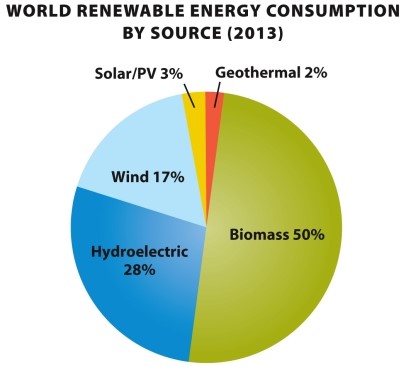 Infographic 23.1   -Infographic 23.1 describes the worldwide production of renewable energy by source in 2013. The best all-around source of renewable energy is ____________________. A)  solar energy B)  biomass C)  hydroelectric energy D)  wind E)  There is not enough information in the graph to make a choice.