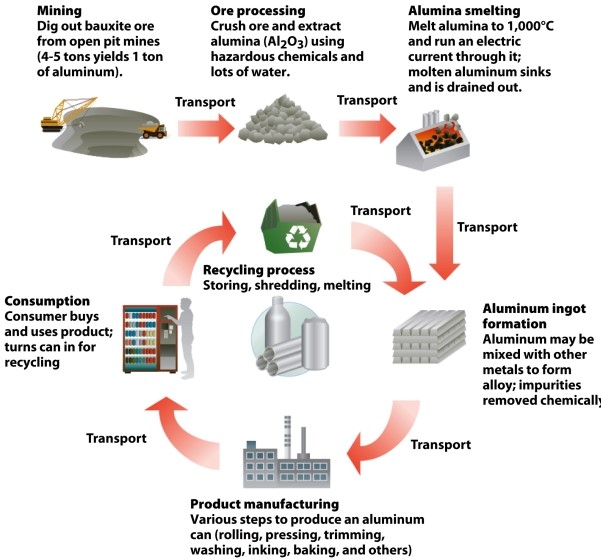 Infographic 26.8   -Which of the following statements best describes what is depicted in Infographic 26.8? A)  More aluminum cans are produced today from a pound of aluminum than in the past because today's cans are thinner. B)  The cost of manufacturing products using recycled aluminum is nearly twice what it costs using aluminum from dug-out bauxite ore. C)  Although aluminum can be recycled, it is not as pure as aluminum obtained directly from ore. D)  Recycling aluminum for reuse reduces the need to obtain it from mined ores and thus decreases impacts associated with mining and processing the ore. E)  Recycling of aluminum requires more energy and transportation than production from raw material.