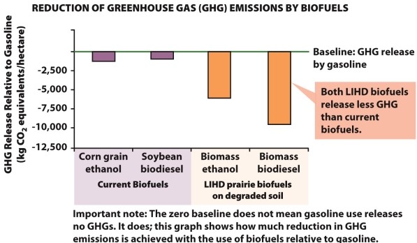  Infographic 32.3.   -Refer to Infographic 32.3. Use the data from the reduction of greenhouse gas emissions by biofuels graph to describe how emissions from biofuels compare with that of gasoline. Also, how do emissions compare between current biofuels and LIHD biofuels?