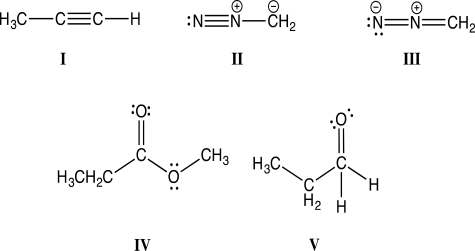 Which of the following Lewis structures violates the octet rule and is therefore incorrect?   A) Structure I B) Structure II C) Structure III D) Structure IV E) Structure V