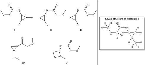 Which line structure is correct for Molecule Z?   A) I B) II C) III D) IV E) V
