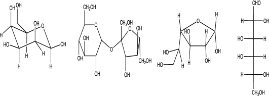 Identify the molecules below as monosaccharides,disaccharides,or carbohydrates.Explain the distinction between these classes of biologically active organic molecules.  