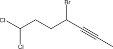 What is the IUPAC name for the following molecule?   A) 1,1-Dichloro-4-bromohept-5-yne B) 1,1-Dichloro-4-bromohex-5-yne C) 4-Bromo-1,1-dichlorohept-5-yne D) 4-Bromo-6,6-dichlorohex-2-yne E) 4-Bromo-7,7-dichlorohept-2-yne