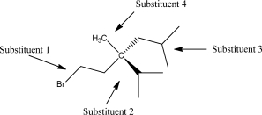 Which substituent has the highest priority?   A) Substituent 1 B) Substituent 2 C) Substituent 3 D) Substituent 4 E) The molecule is not chiral.
