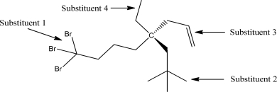 Which substituent has the highest priority?   A) Substituent 1 B) Substituent 2 C) Substituent 3 D) Substituent 4 E) The molecule is not chiral.