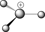 Which of the following choices correctly describes the structure of the ball-and-stick representation with the formula H<sub>3</sub>C<sup>+</sup>?   A) A carbocation with a tetrahedral carbon B) A carbocation with trigonal planar geometry C) A carbocation with unknown geometry D) A carbanion with a tetrahedral carbon E) A carbanion with trigonal planar geometry
