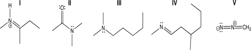 Which of the following molecules contains a trigonal planar nitrogen atom connected to two different tetrahedral carbon atoms?   A) I B) II C) III D) IV E) V