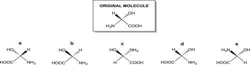 Rotate the molecule below 180°,in the same way you would flip a pancake or an egg during cooking.Which choice represents the product of the manipulation?   A) Structure a B) Structure b C) Structure c D) Structure d E) Structure e