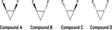 Are any of the four 1,2-difluorocyclopropane isomers drawn below polar? Indicate the direction of the net molecular dipole,if one is present.  