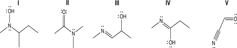 Which of the following structures contains an sp<sup>2</sup>-hybridized oxygen atom because a lone pair on oxygen is delocalized via resonance?   A) Structure I B) Structure II C) Structures II and V D) Structure IV E) Structures I and IV