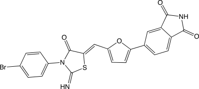Bioymifi is a novel small molecule that selectively triggers programmed cell death in certain cancer cells.Identify the following structural features in Bioymifi: (a)phenyl ring,(b)a lone pair found in a 2p orbital that can be delocalized three different ways,(c)an sp<sup>2</sup>-hybridized oxygen whose lone pairs are not delocalized,(d)an sp<sup>2</sup>-hybridized oxygen whose lone pairs are delocalized,(e)a nitrogen with bent geometry,and (f)a nitrogen with trigonal planar geometry.  