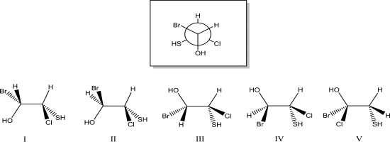 Which of the following dash-wedge structures best represents the Newman projection below?   A) I B) II C) III D) IV E) V