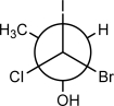 Which substituents are gauche to each other?   A) I and Br B) I and OH C) CH<sub>3</sub> and Br D) H and I E) Cl and Br