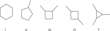 Which of the following molecules has the largest molar heat of combustion?   A) I B) II C) III D) IV E) V