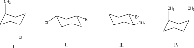 Which of the following compounds has/have substituents cis to each other?   A) I B) II C) III D) IV E) II and IV