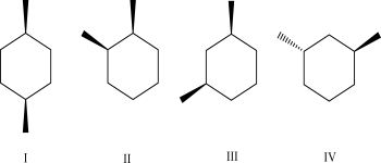 Which of the following isomers is most stable?   A) I B) II C) III D) IV E) I, II, and III have the same stability and are more stable than IV.