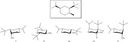 Which is the most stable conformation of the given trisubstituted cyclohexane below?   A) I B) II C) III D) IV E) V