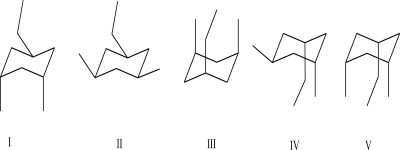 Which of the following chair conformations is lowest in energy?   A) I B) II C) III D) IV E) V