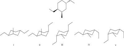 What is the most stable chair conformation for the following molecule?   A) I B) II C) III D) IV E) V