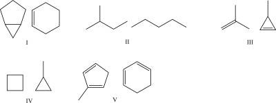Which set of molecules are not considered constitutional isomers?   A) I B) II C) III D) IV E) V