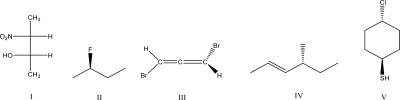 Which of the following molecules is achiral?   A) I B) II C) III D) IV E) V