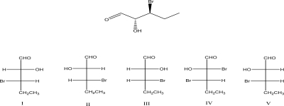 Which Fischer projection corresponds with the molecule below?   A) I B) II C) III D) IV E) V