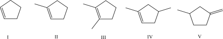 Which alkene is most stable?   A) I B) II C) III D) IV E) V