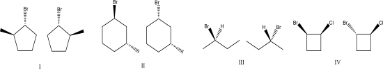 Which set or sets of isomers could be separated using crystallization or column chromatography?   A) I B) II C) III D) IV E) Both II and IV