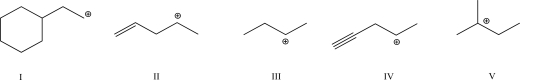 Which of the following charged compounds is most stable?   A) I B) II C) III D) IV E) V