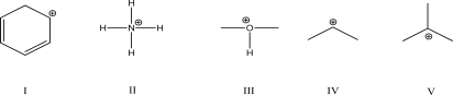 Which of the following charged compounds is most stable?   A) I B) II C) III D) IV E) V