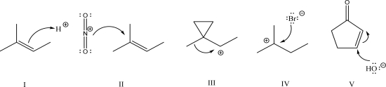 Which of the following is an example of electrophilic addition?   A) I B) II C) III D) IV E) V