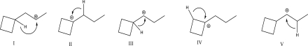 Which of the following 1,2-hydride shift rearrangements is most likely?   A) I B) II C) III D) IV E) None of these