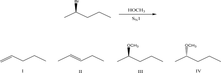 What is the most likely product of the following S<sub>N</sub>1 reaction?   A) I B) II C) III D) IV E) A mixture of III and IV