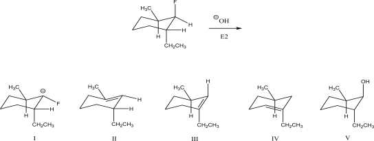 What is the product of the following E2 reaction?   A) I B) II C) III D) IV E) V