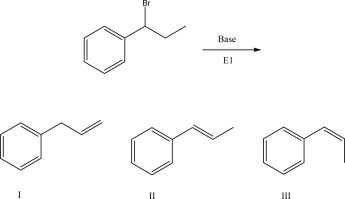 What is the product of the following E1 reaction?   A) I B) II C) III D) A mixture of II and III E) An E1 reaction mechanism is not possible.