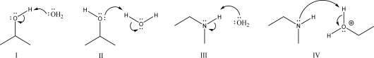 Which of the following proton transfers is most likely to occur in an acidic solution?   A) I B) II C) III D) IV E) All of these are likely in an acidic solution.