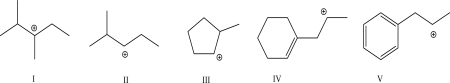 Which of the following will not undergo a 1,2-hydride shift?   A) I B) II C) III D) IV E) V