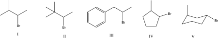 Which of the following would not proceed though a carbocation rearrangement during an S<sub>N</sub>1 reaction?   A) I B) II C) III D) IV E) V
