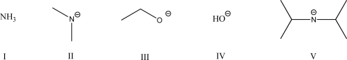 Which attacking species would favor an E2 reaction over an S<sub>N</sub>2 reaction?   A) I B) II C) III D) IV E) V