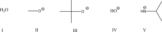 Which attacking species would favor an E2 reaction over an S<sub>N</sub>2 reaction?   A) I B) II C) III D) IV E) V